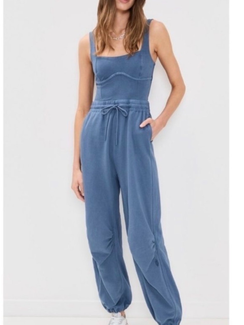 We The Free Misty Blue Sleeveless Drawstring Waist Jumpsuit